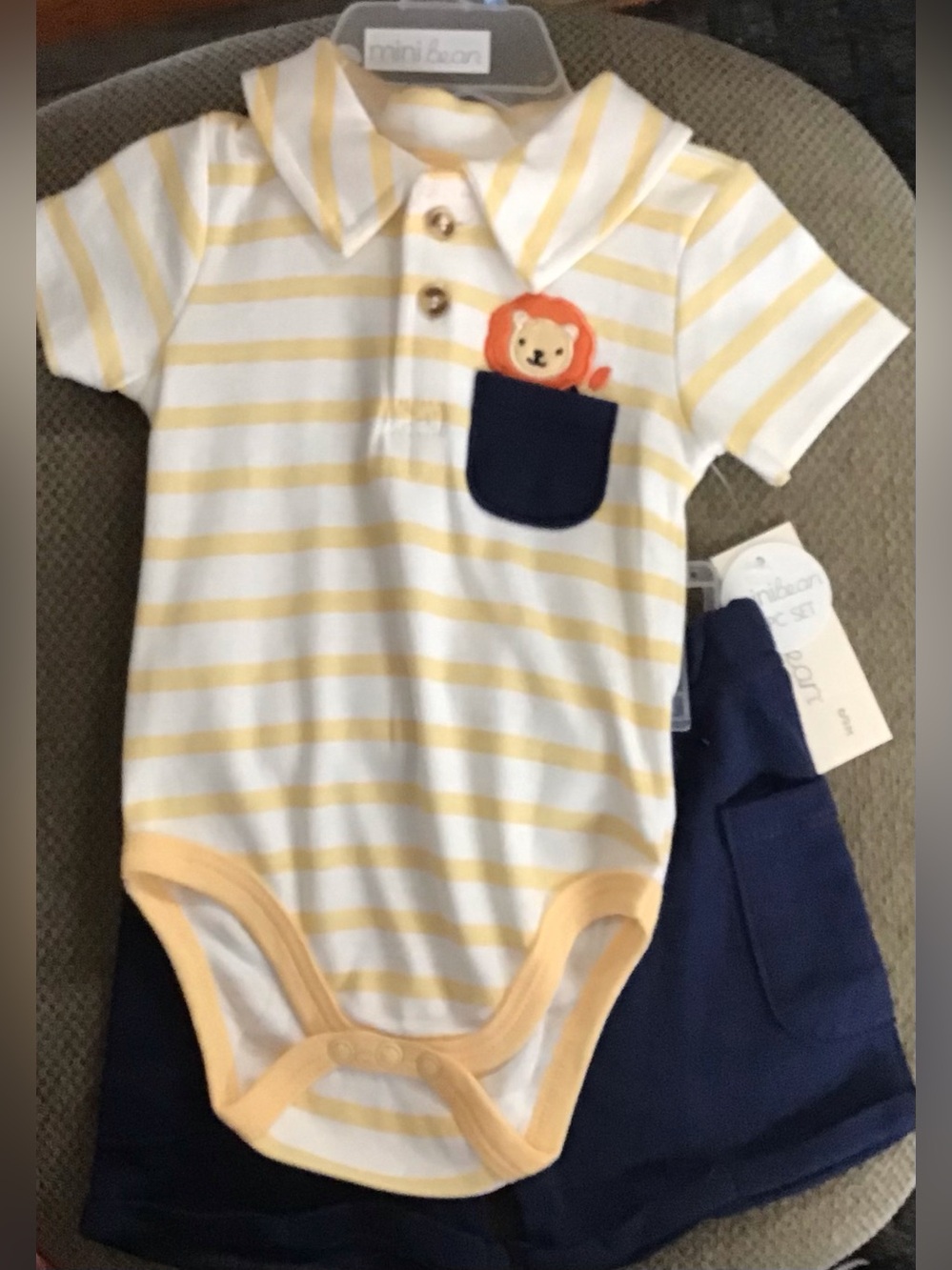 Mini Bean Yellow Striped Baby Polo Bodysuit & Navy Shorts Set